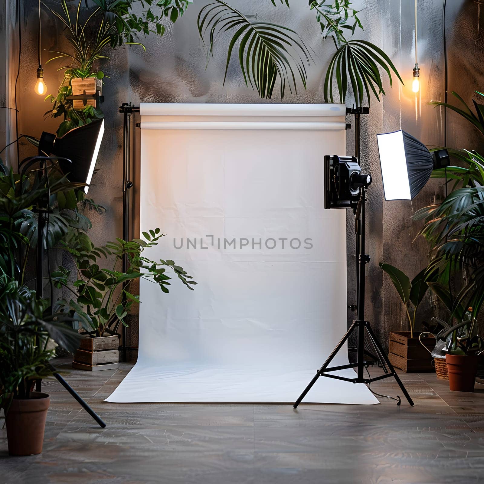 A photo studio with a white backdrop surrounded by plants and lights, creating a serene atmosphere with a touch of nature indoors