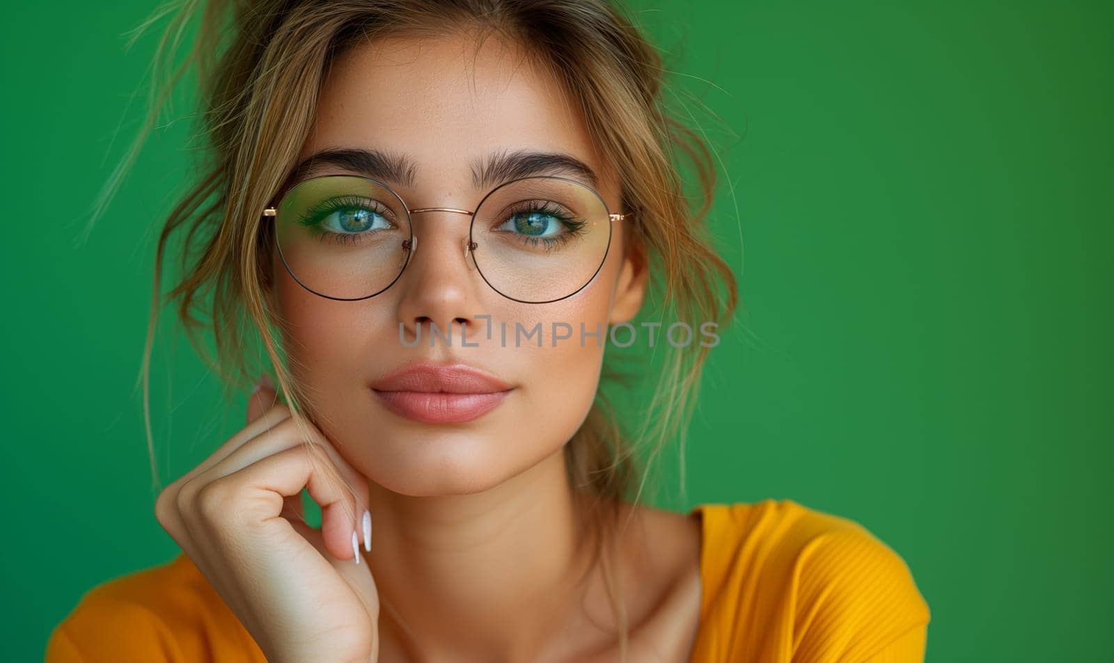 Woman in Glasses Posing With Green Wall. by Fischeron
