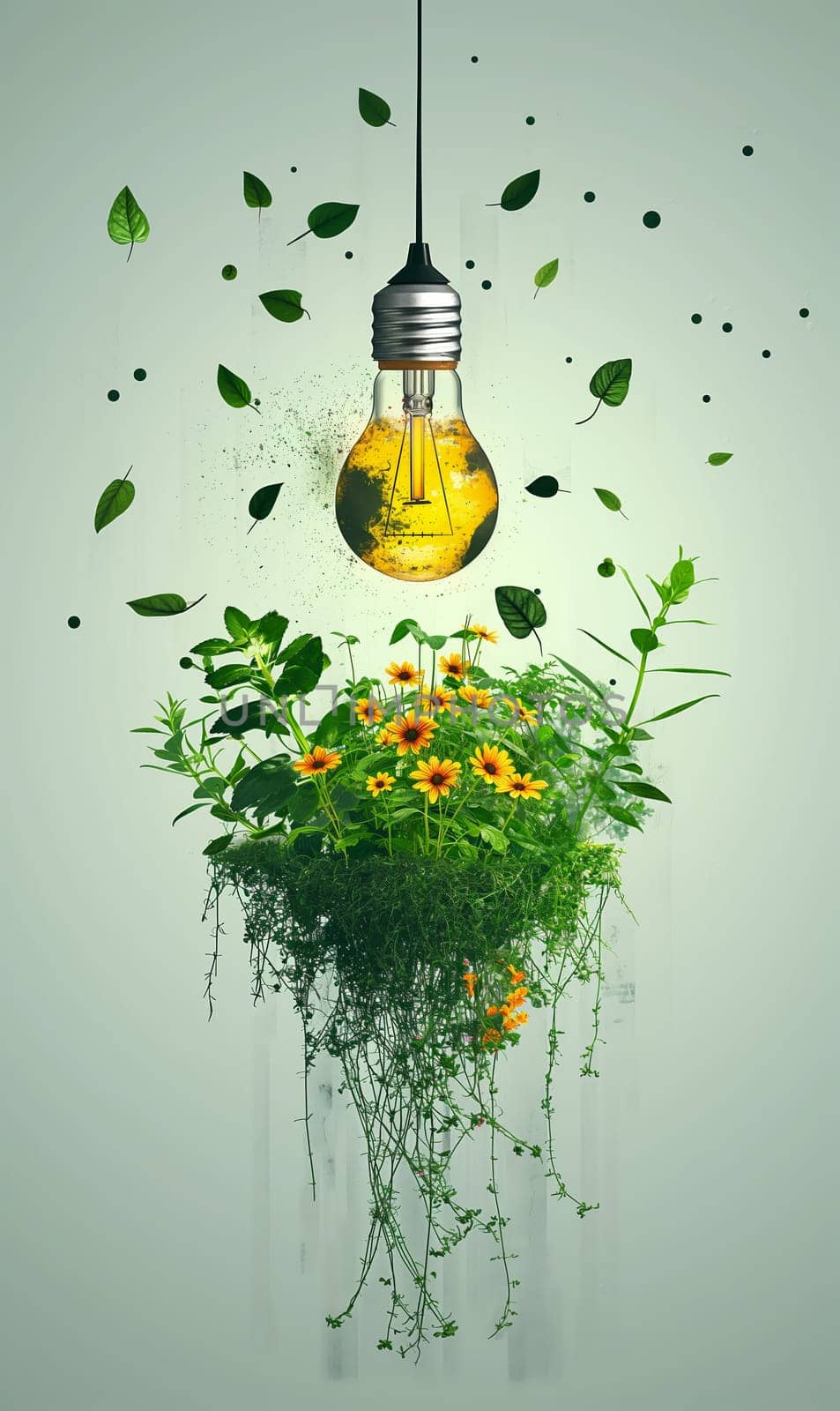 Green energy concept. A light bulb hanging above the plants. Selective focus