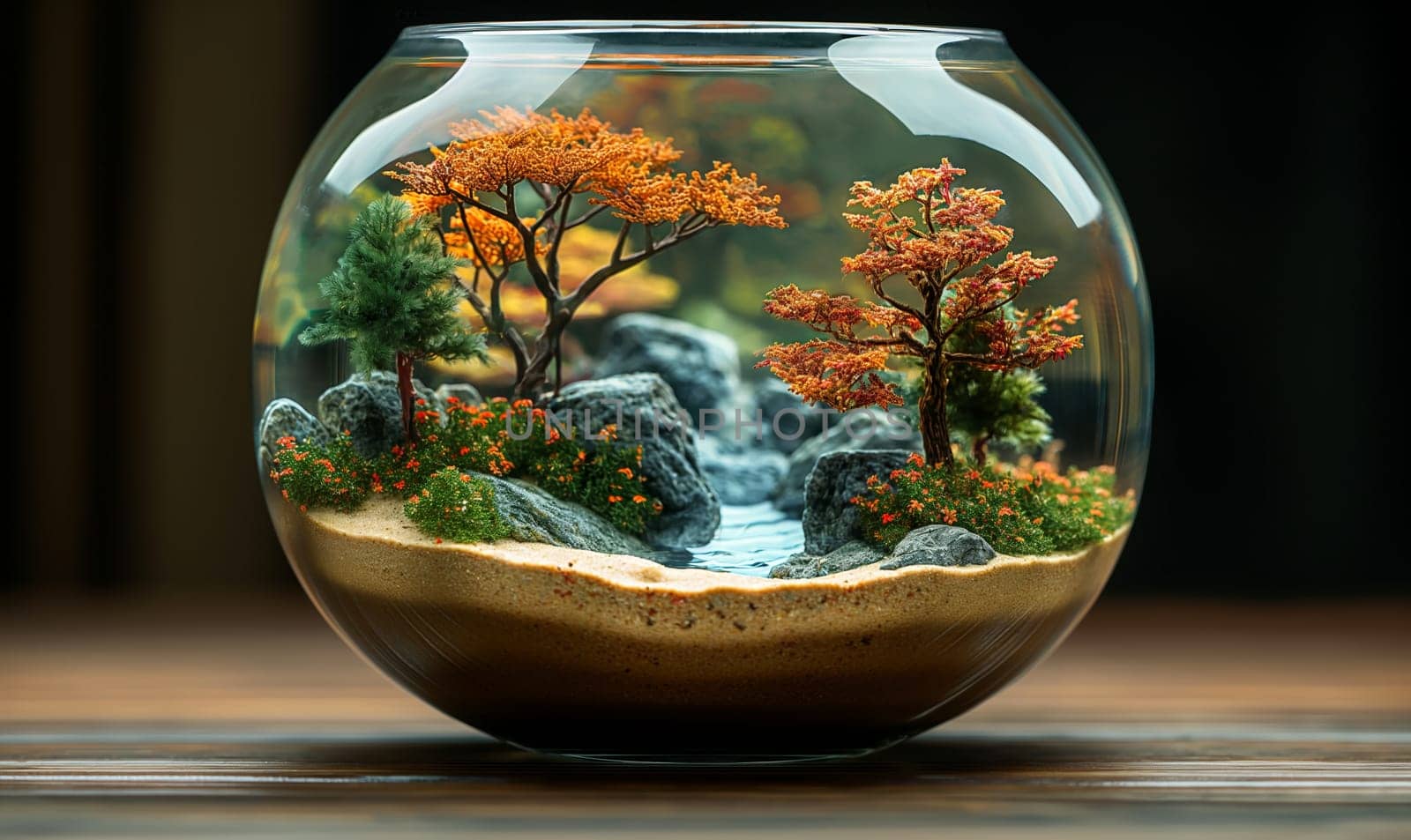 Fish Bowl Filled With Water and Trees. Selective focus