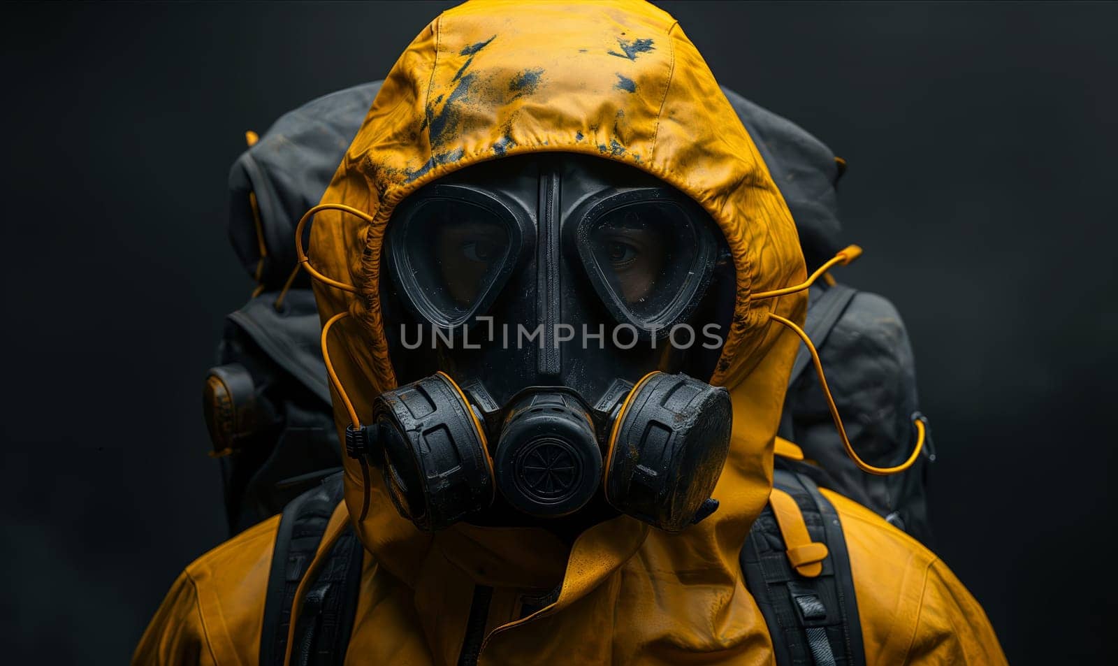 A man in a gas mask against a background of black smoke. Selective focus