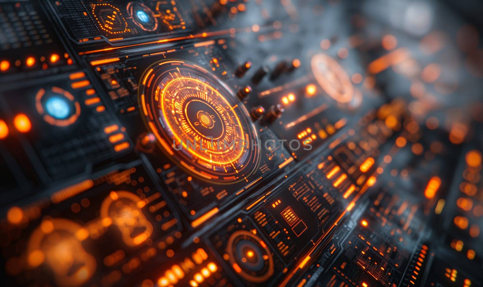 Futuristic Computer With Orange Lights. Selective focus.