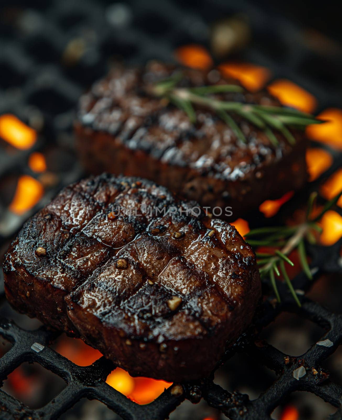 Two pieces of meat cooking on a grill. by Fischeron