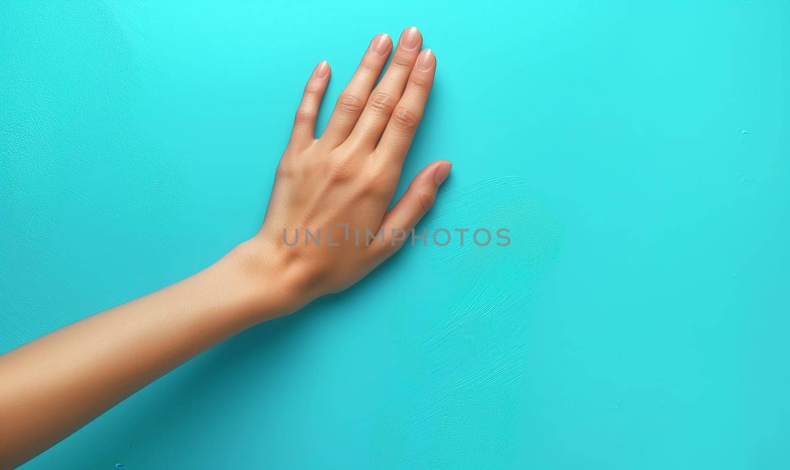 Female hand on a blue background. Selective focus