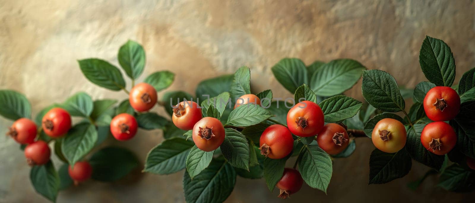 Red Berries and Green Leaves on Branch. Selective focus.