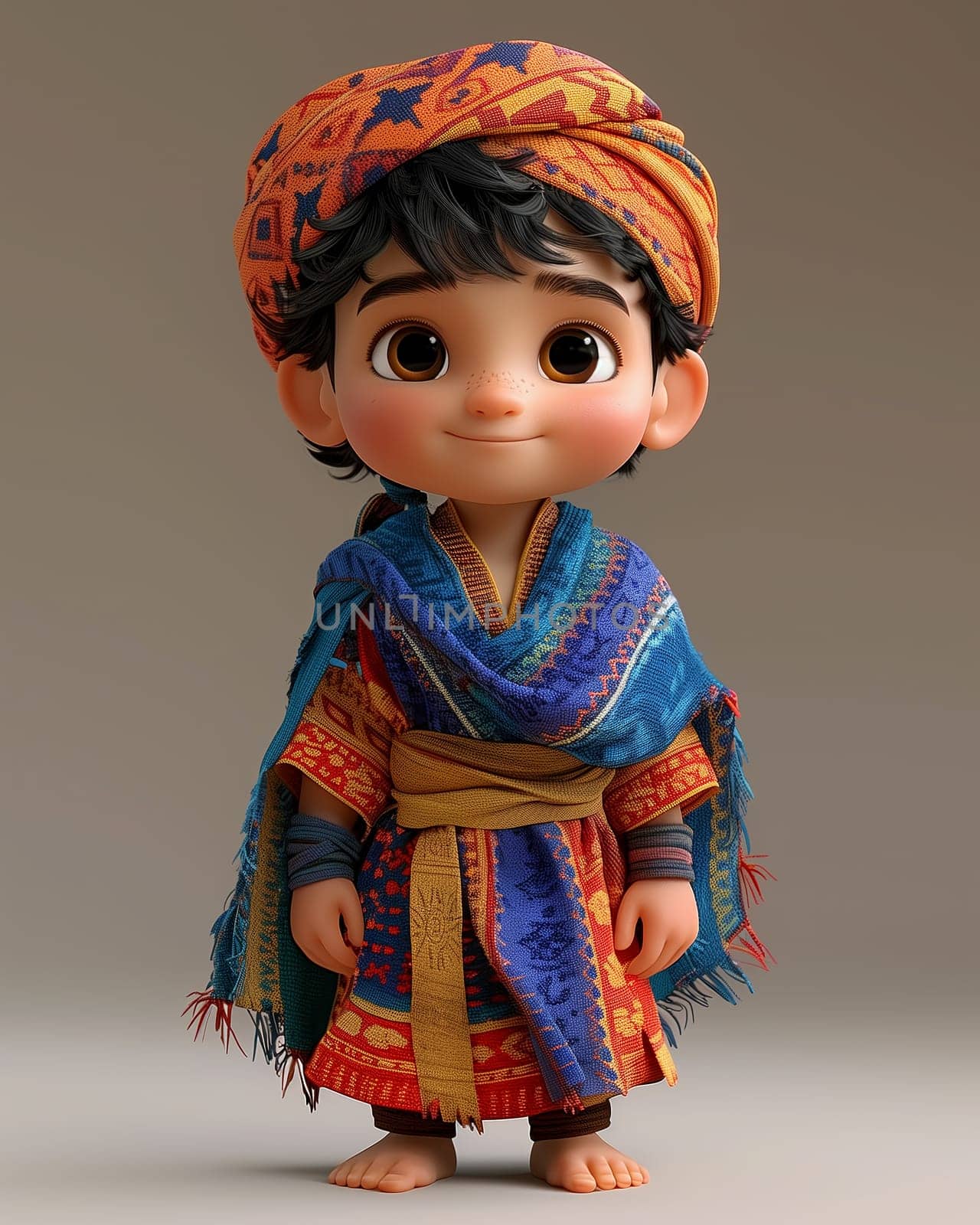 Cartoon, 3D child in national traditional Moroccan outfit. Selective focus