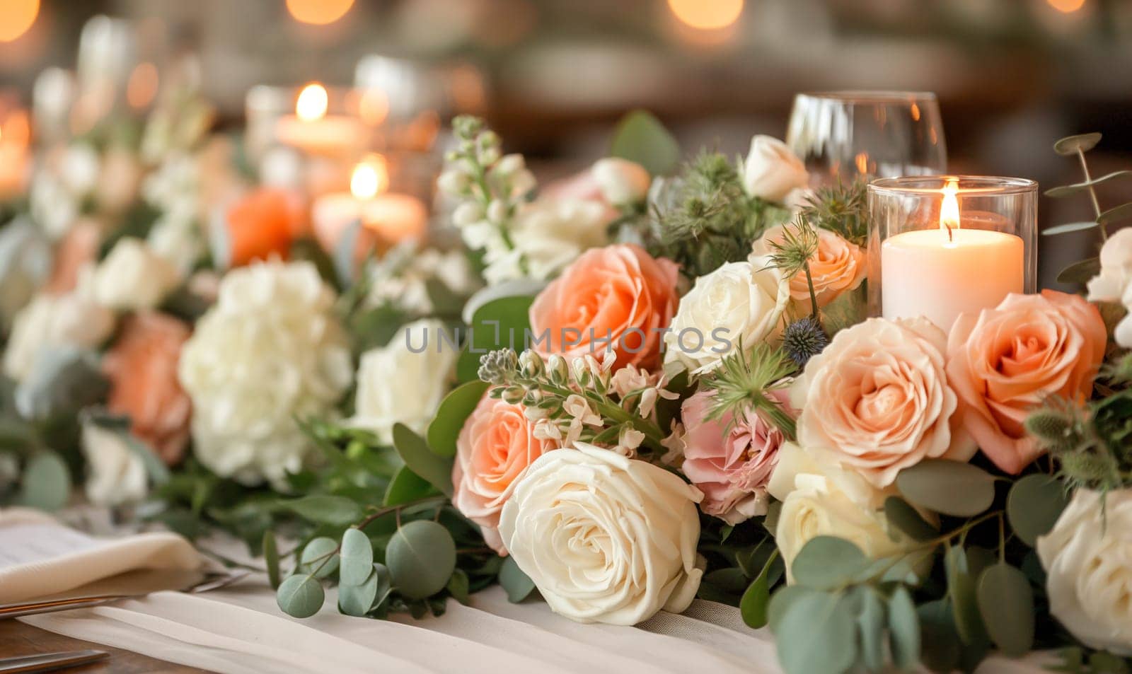 Floral arrangement of various flowers on the festive table. Selective focus