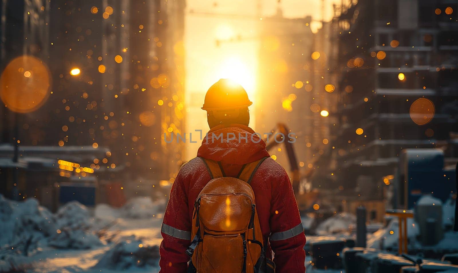 Worker at a construction site in winter, rear view. Selective soft focus.