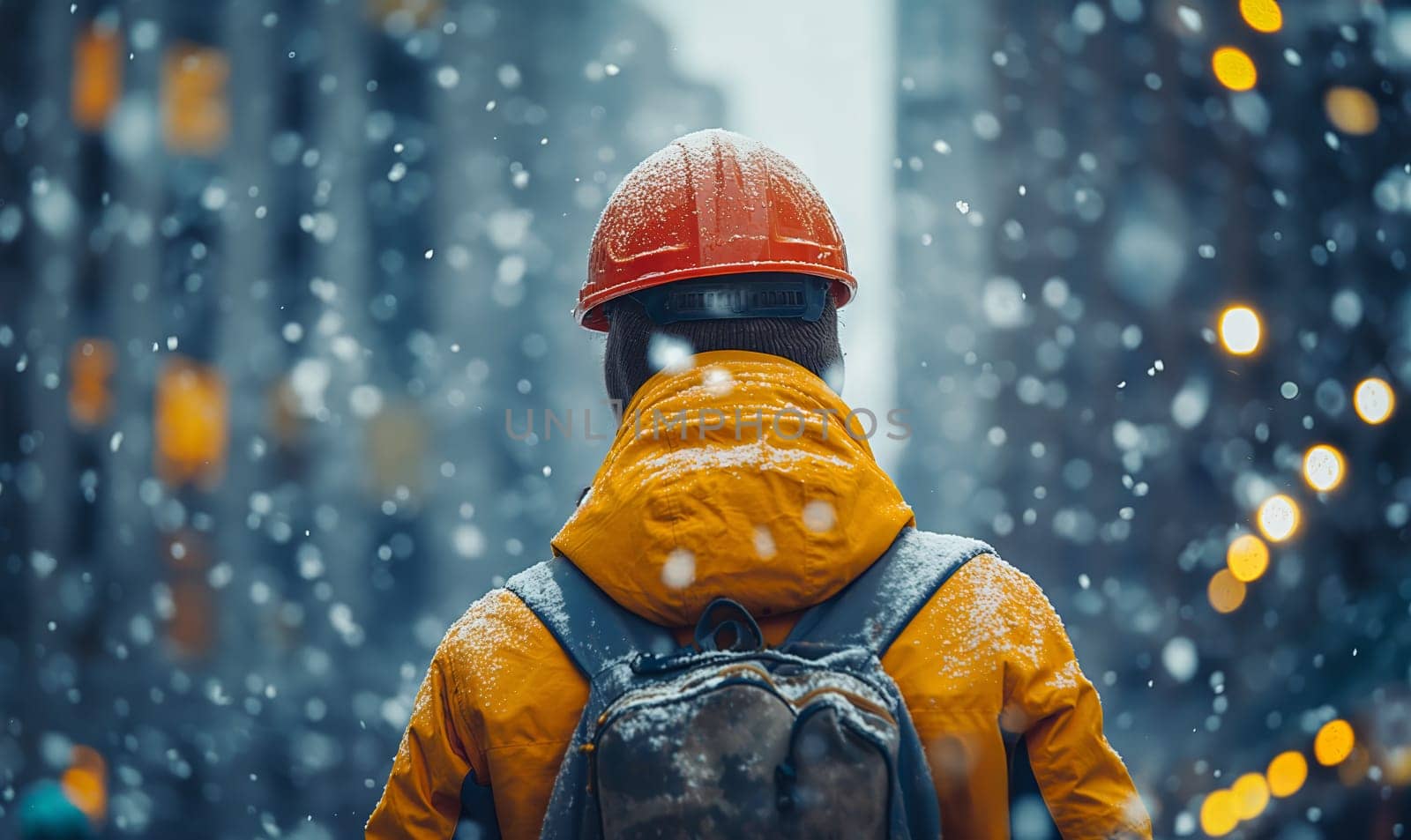 Worker at a construction site in winter, rear view. Selective soft focus.