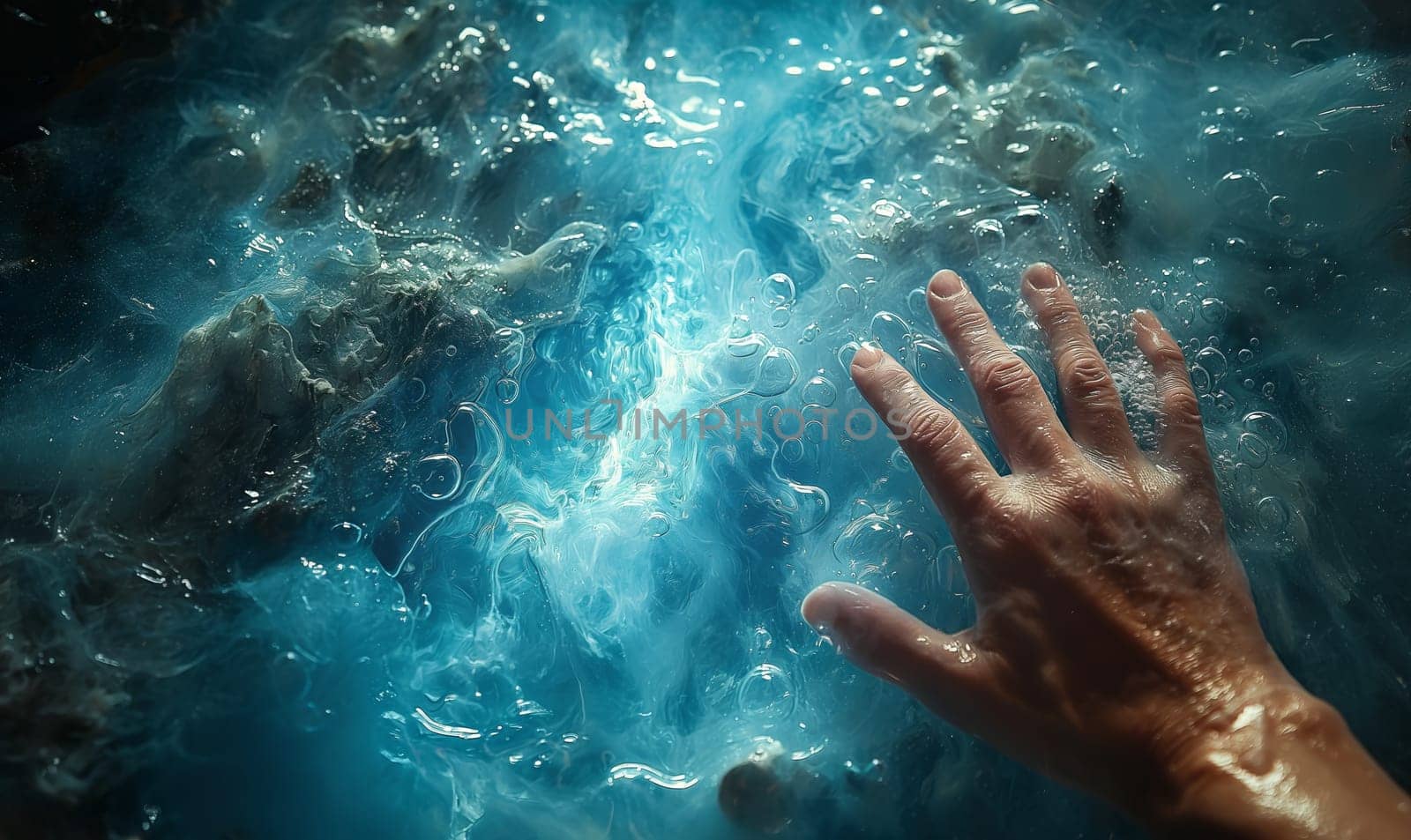 Mans Hand Touching Blue Wall. by Fischeron