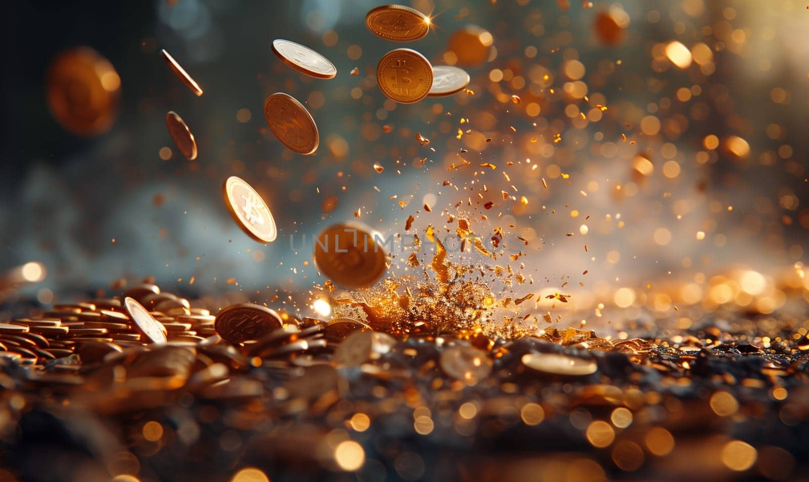 Bitcoin gold coins in dynamic movement. Selective focus