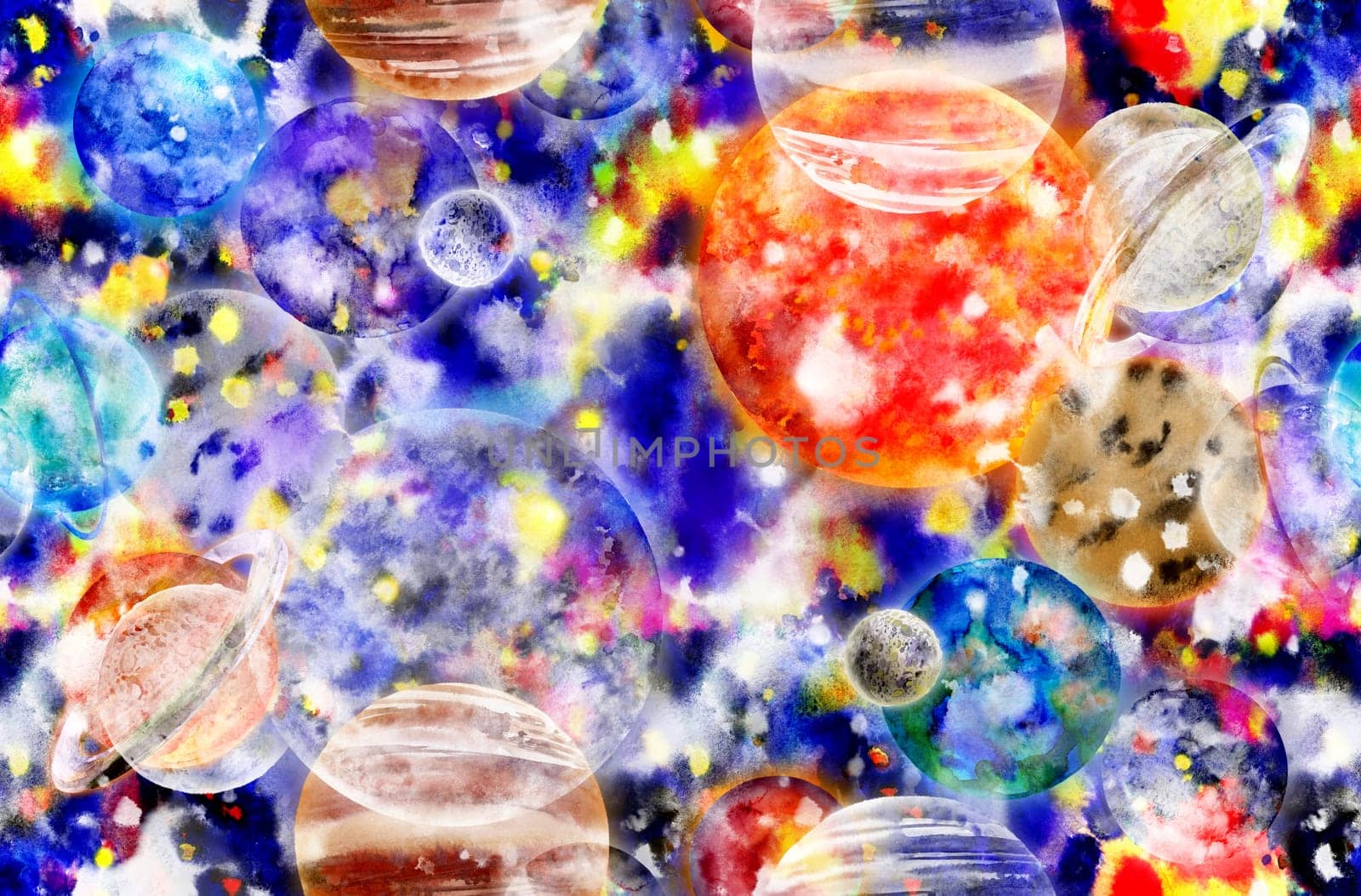 seamless pattern with Realistic solar system in watercolor against a bright starry sky background for textile and surface design