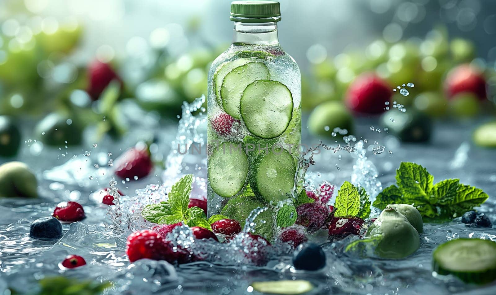 Glass Bottle Filled With Cucumbers and Berries. by Fischeron