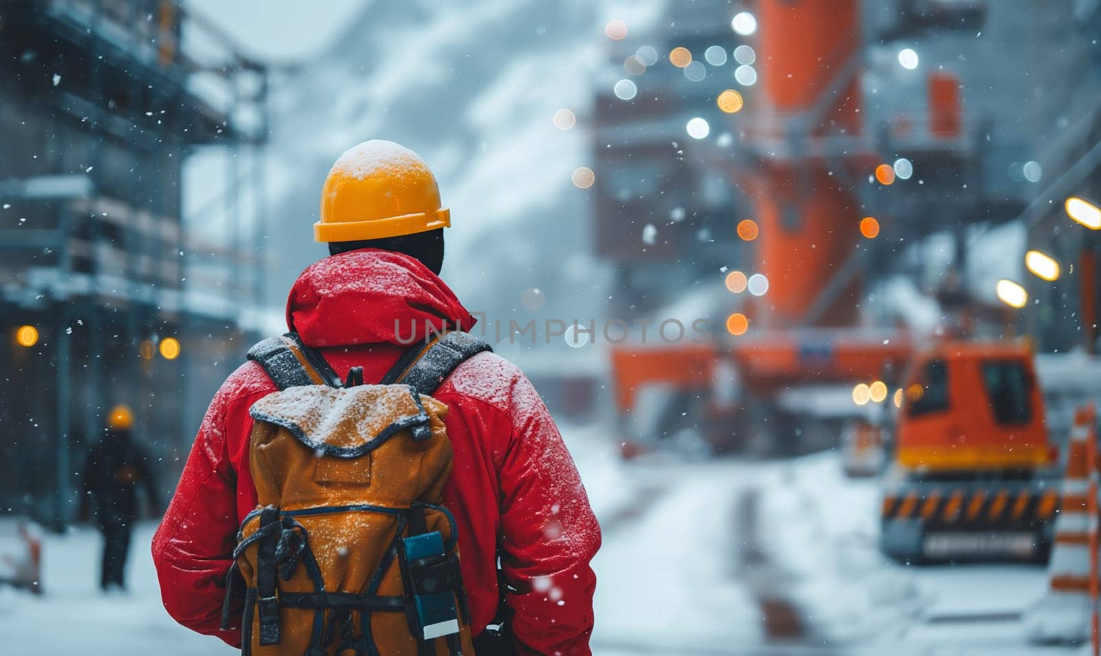 Worker at a construction site in winter, rear view. Selective soft focus.