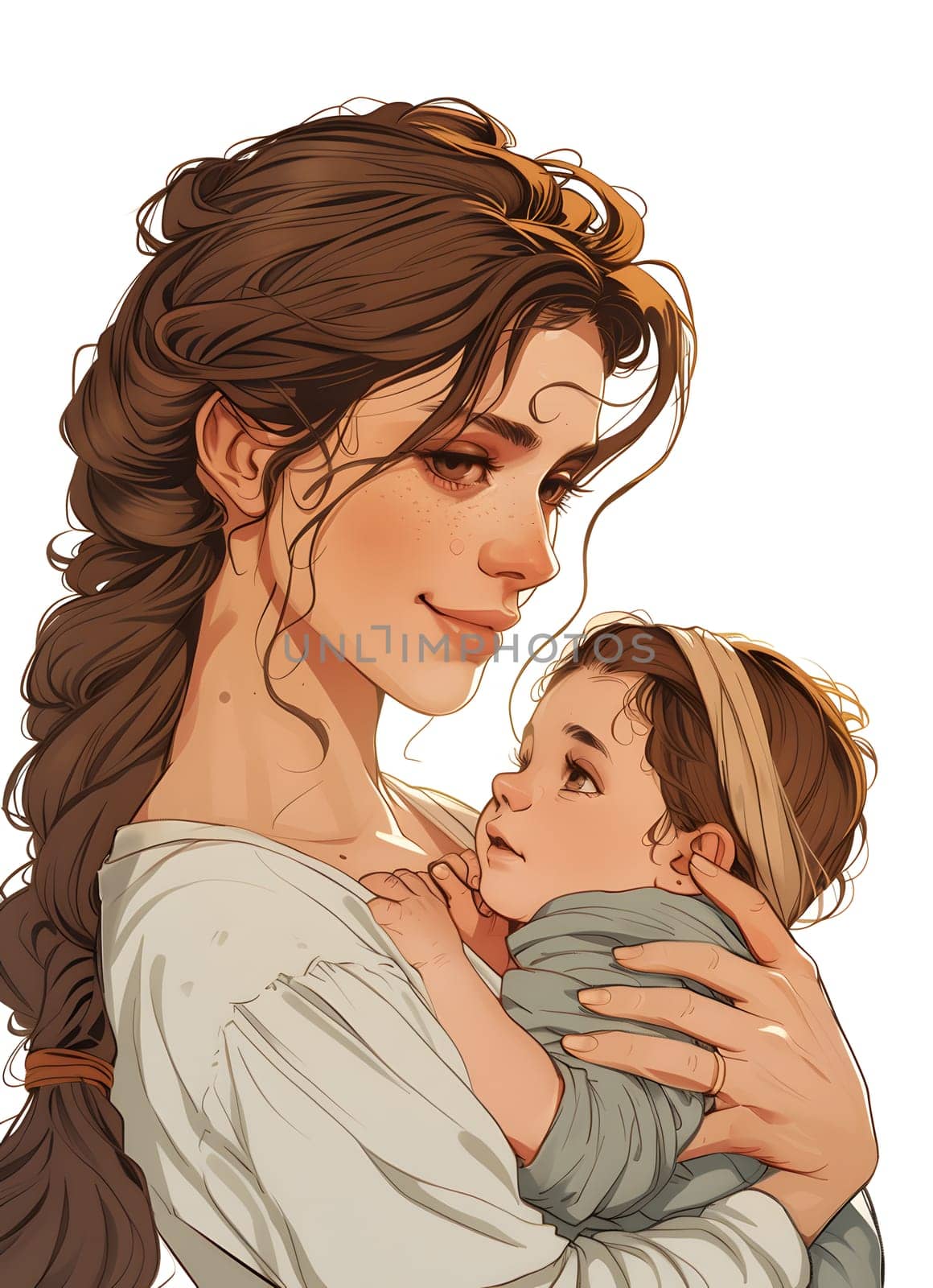 A woman is cradling a baby in her arms, with the babys tiny hand resting on her cheek. The woman has a gentle smile on her face, her hairstyle framing her face beautifully