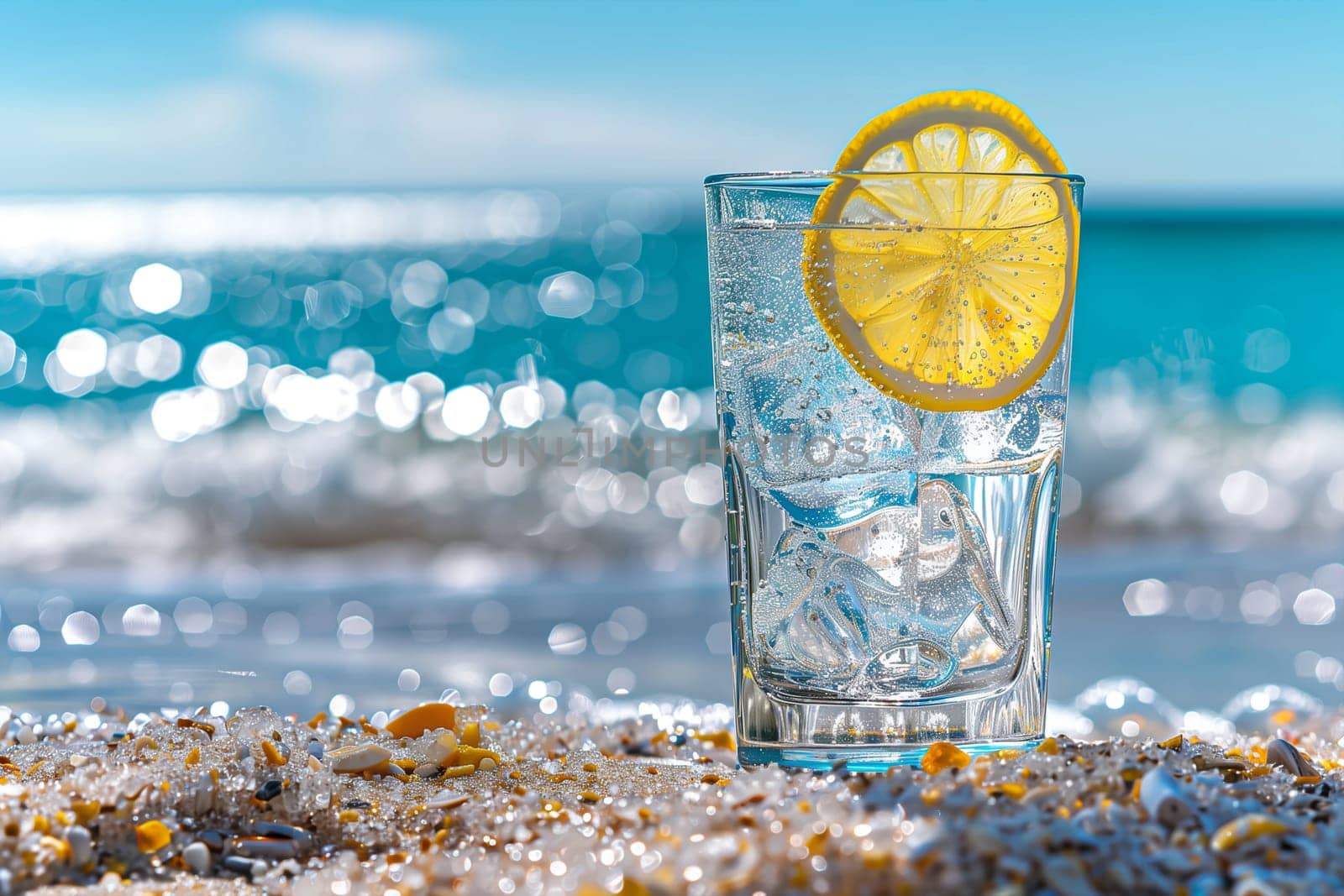 A glass filled with ice water and garnished with a lemon slice on the rim.