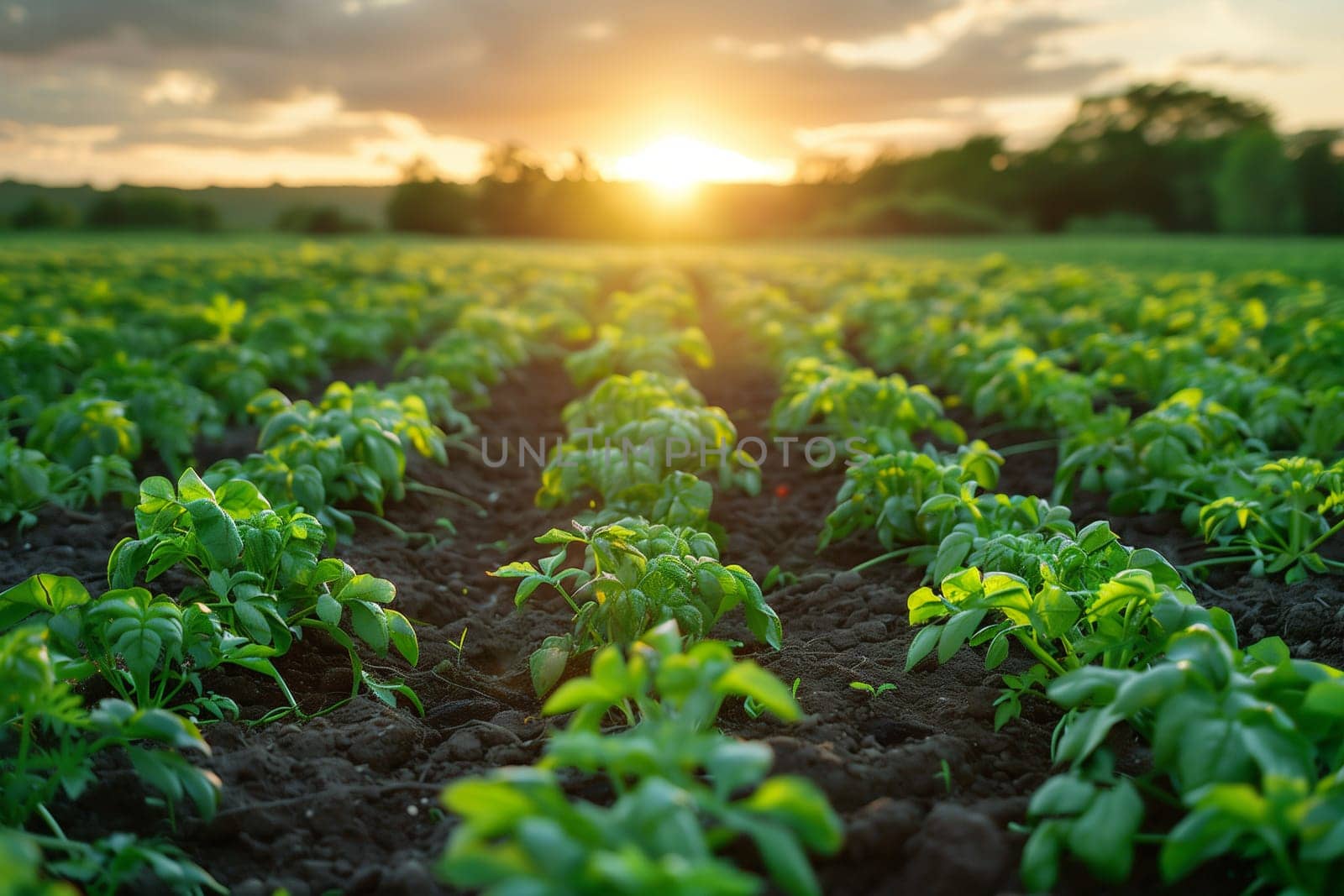 The sun slowly setting behind a vast field of lush green plants, creating a natural and serene scene.