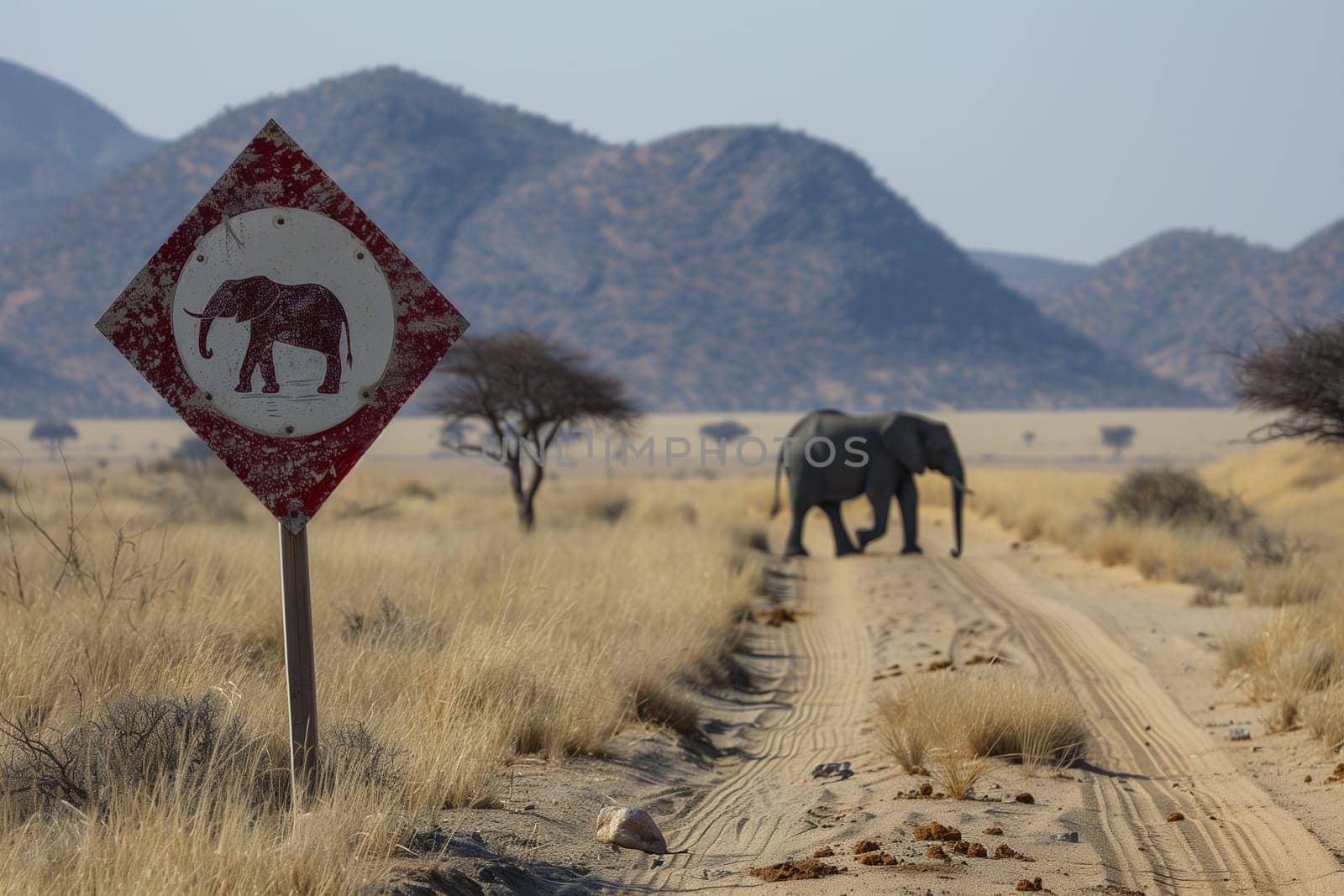 An elephant walking across a dirt road in front of a sign, showcasing the interaction between wildlife and human infrastructure.