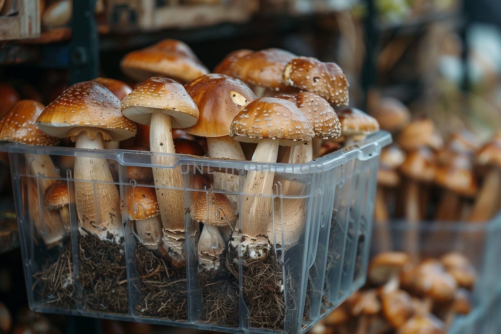 A plastic container filled with an abundance of various mushrooms, showcasing different shapes, sizes, and colors.
