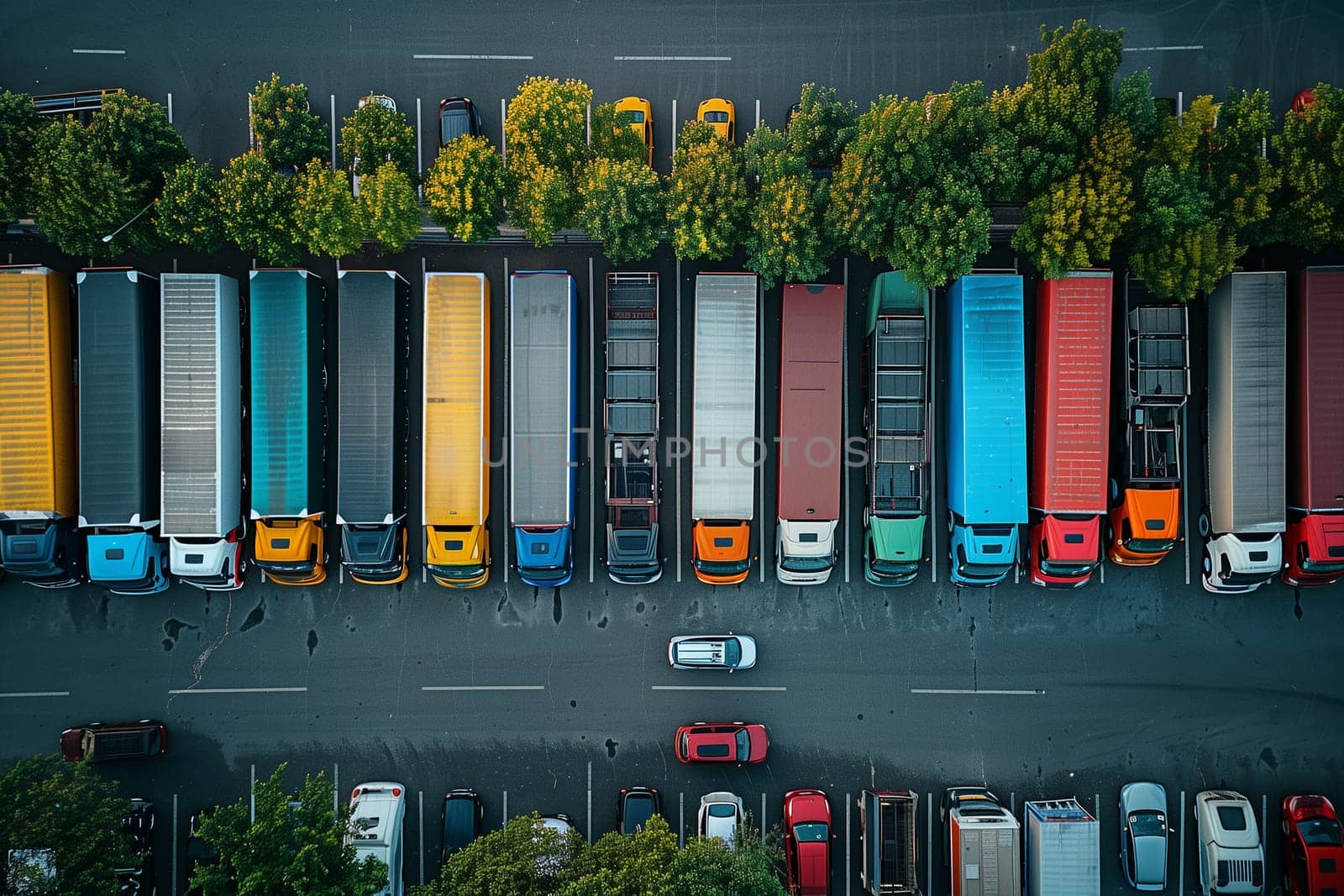 Numerous cars fill a parking lot in this aerial view.