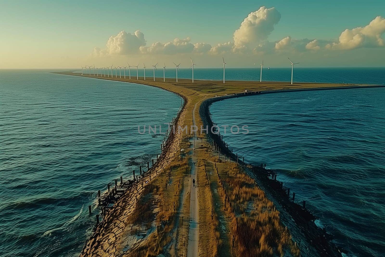 An aerial perspective of multiple wind turbines generating clean energy near the ocean.