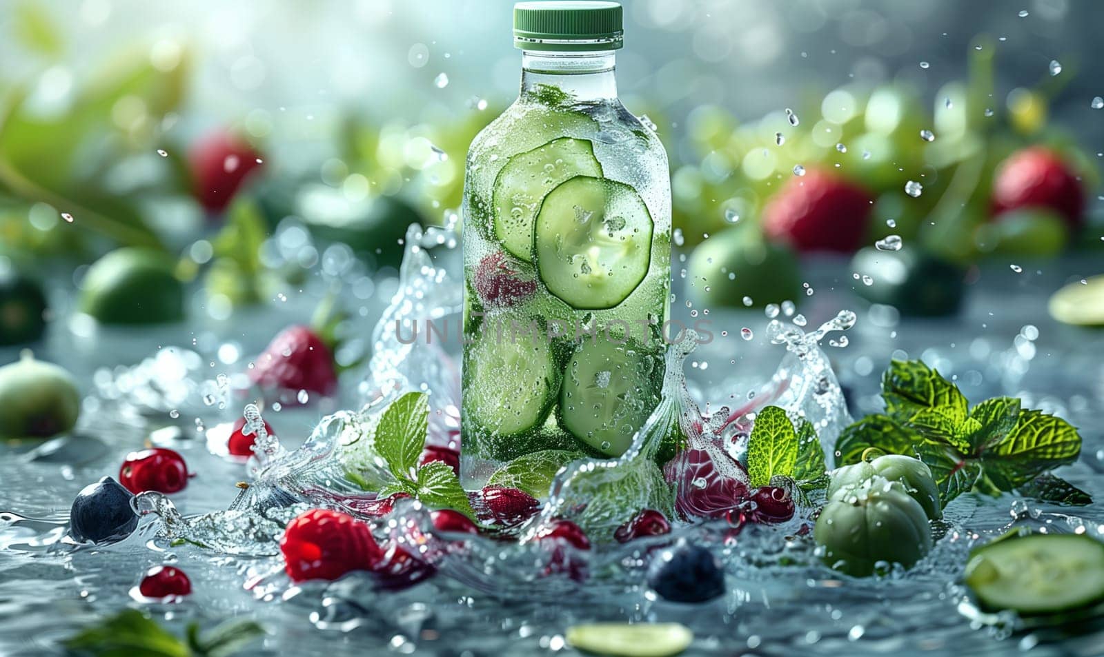 Glass Bottle Filled With Cucumbers and Berries. Selective focus.