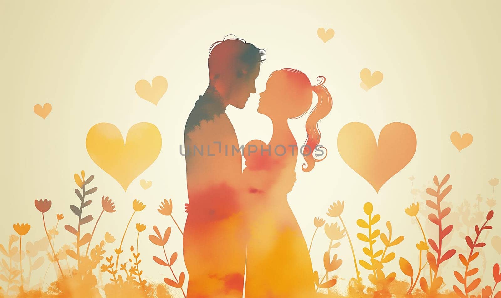 Illustration, man and woman with a child between them. Selective focus