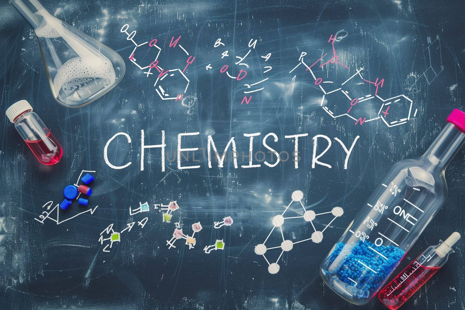 A chalkboard showcasing the word chemistry written in chalk, representing the subject of chemistry.