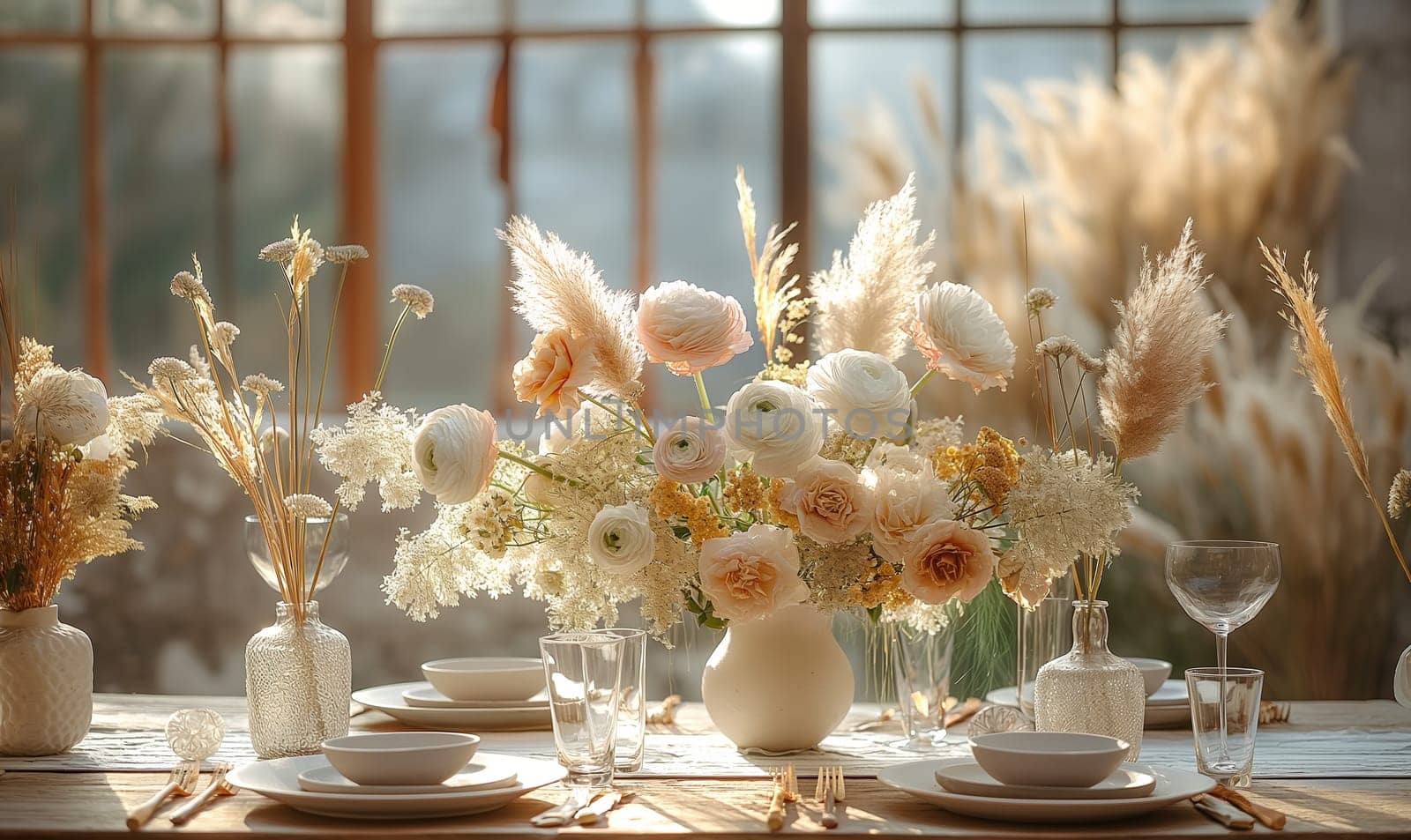 Floral arrangement of various flowers on the festive table. Selective focus