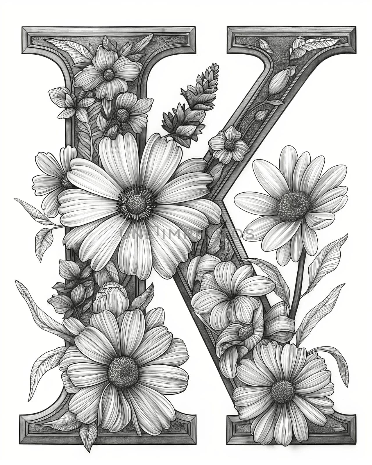 Coloring book for children letter K with flowers. Selective focus