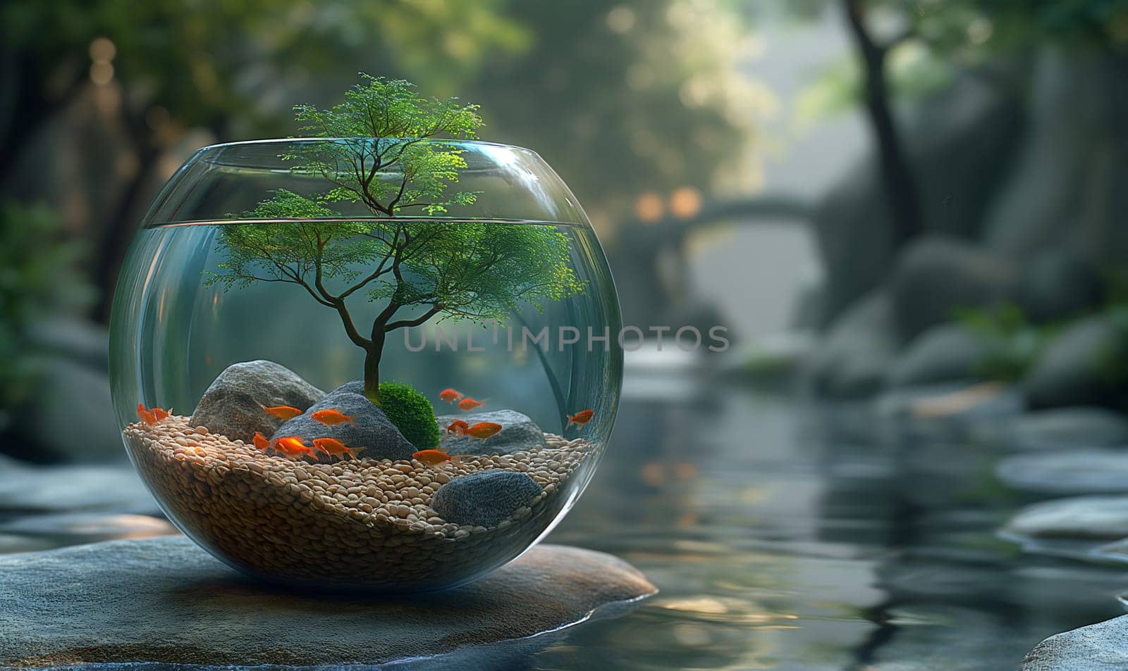 Fish Bowl Filled With Water and Trees. Selective focus