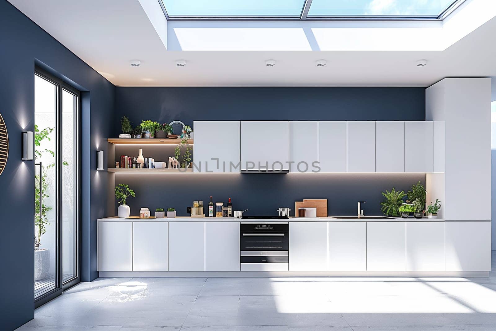 A kitchen flooded with natural light from a skylight above, illuminating countertops and appliances.