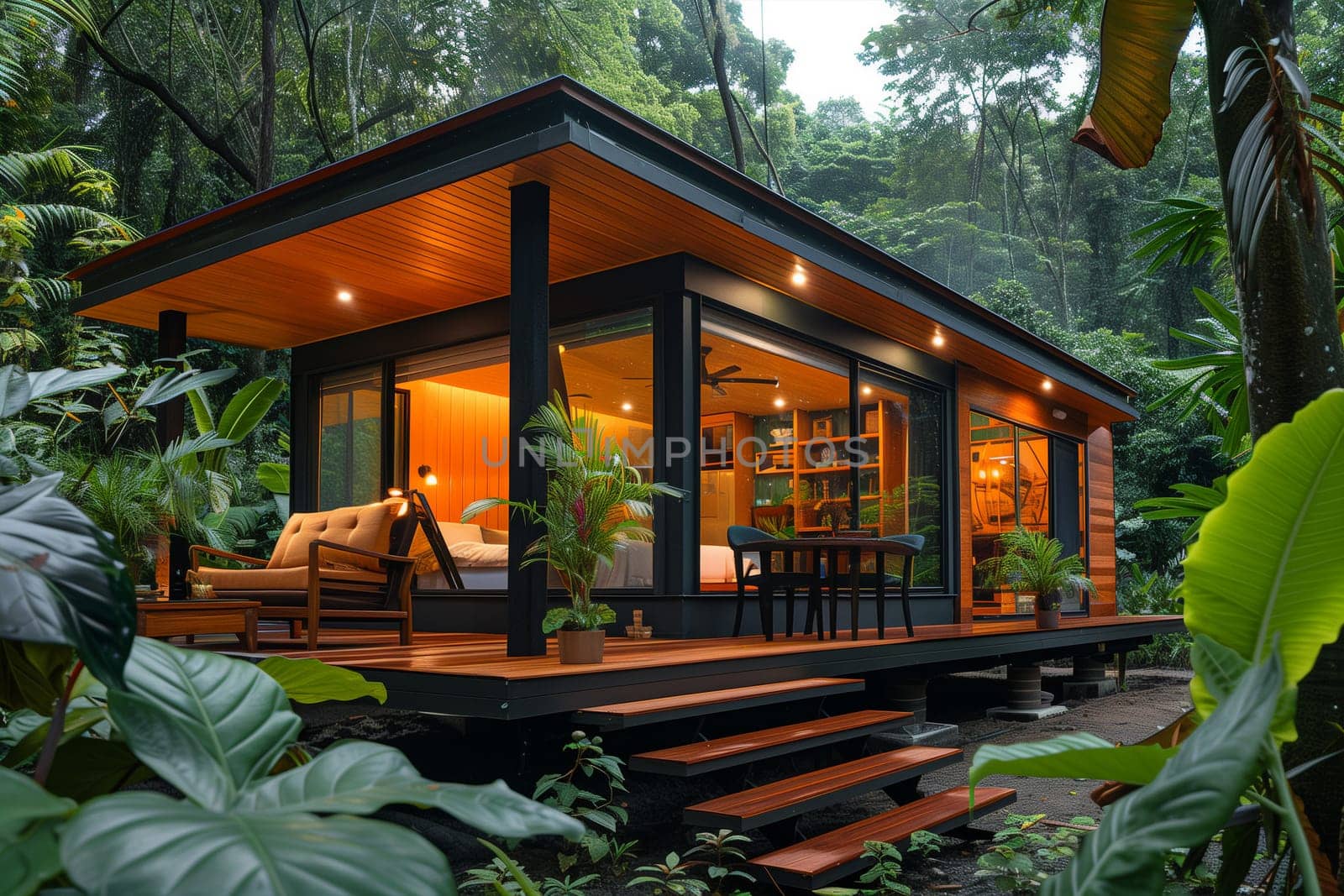 A modest house surrounded by dense forest trees.