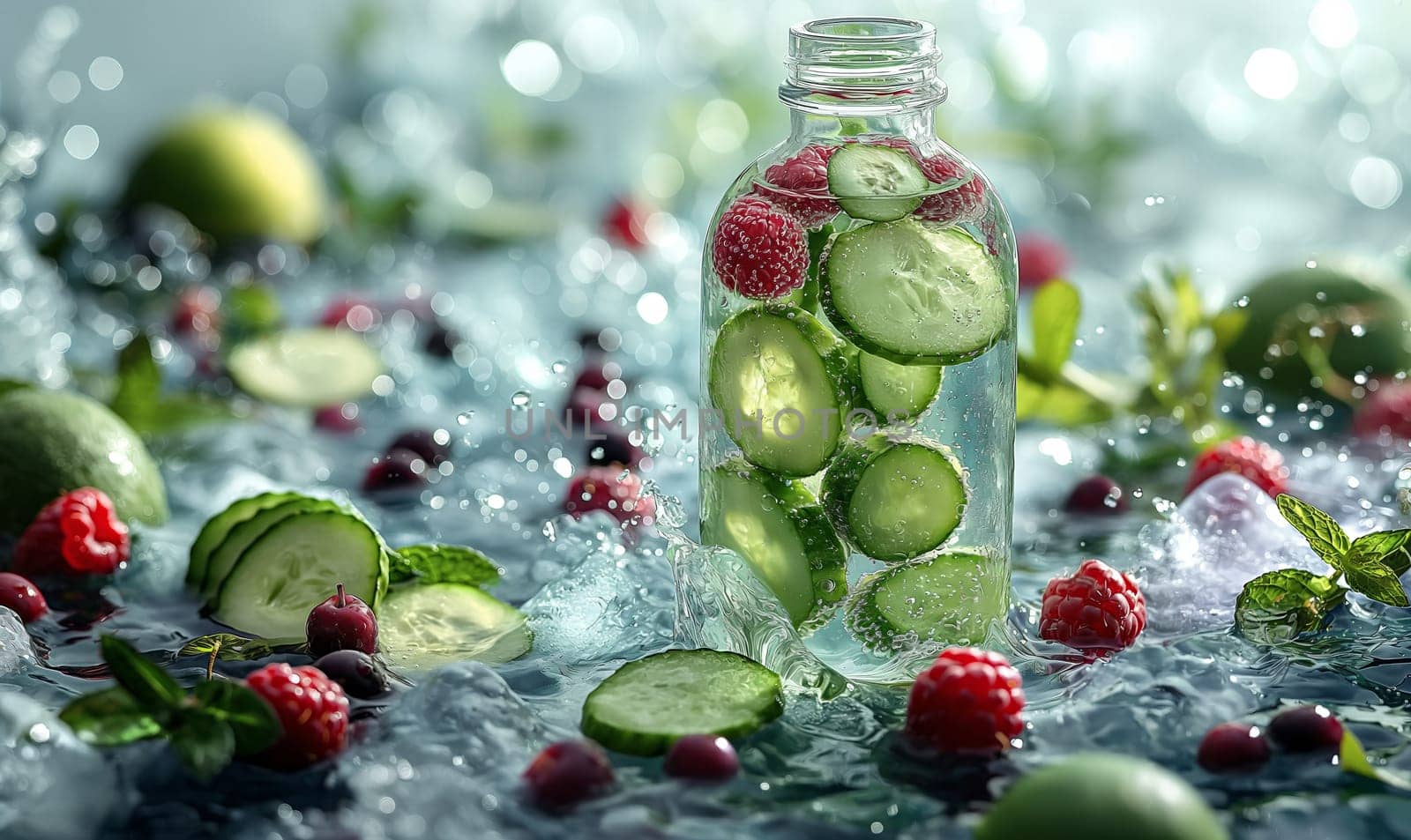 Glass Bottle Filled With Cucumbers and Berries. by Fischeron