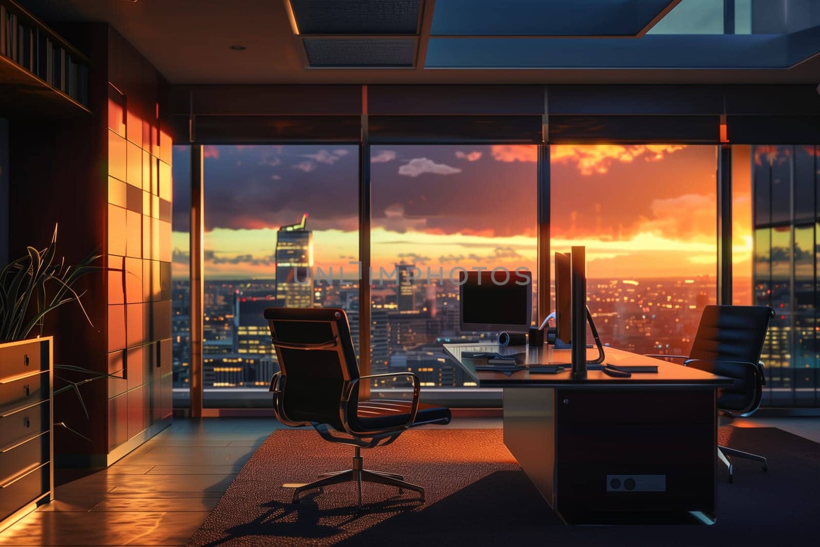 An office overlooking the city skyline with buildings illuminated by the warm hues of a sunset.