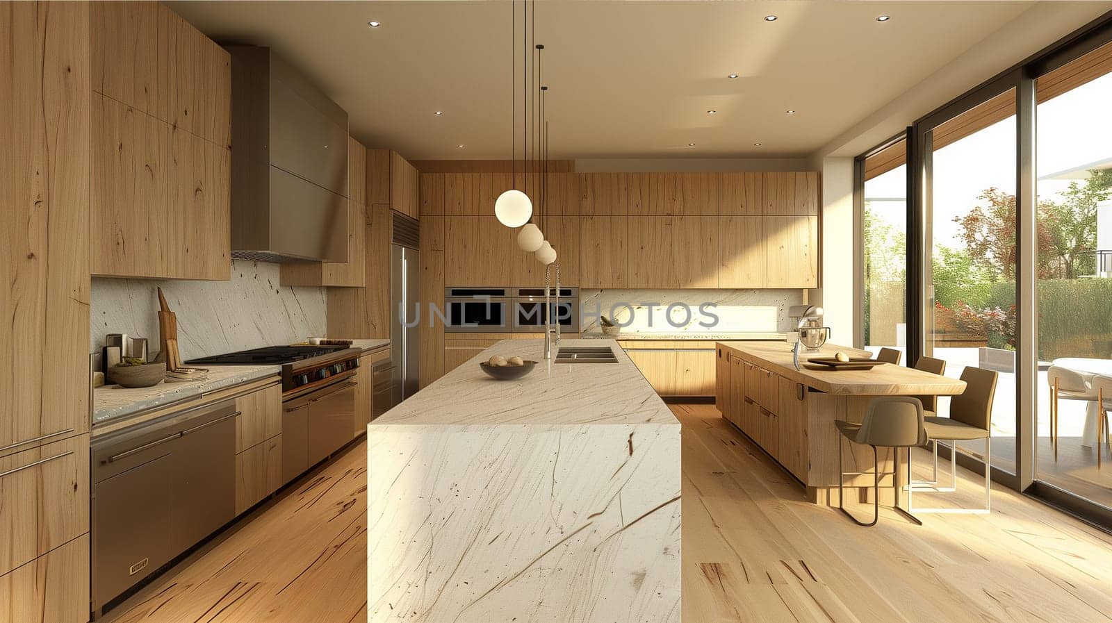 A kitchen featuring sleek marble countertops and warm wooden cabinets, creating a modern and elegant look.