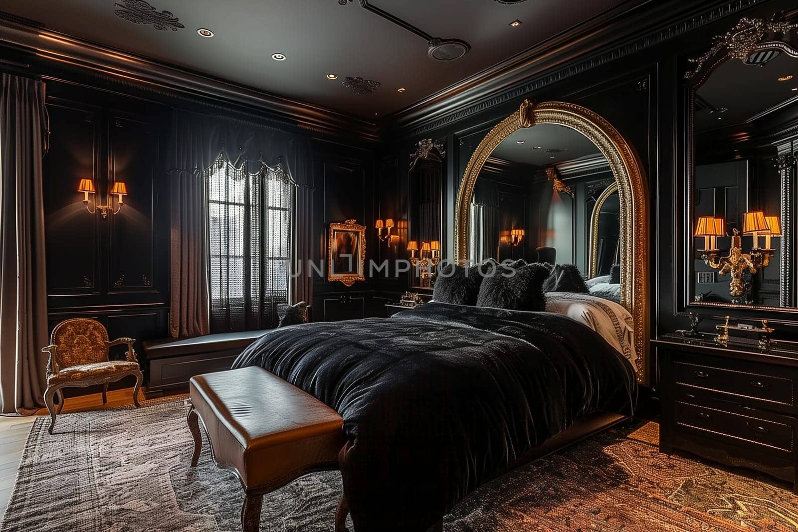 A bedroom with black walls featuring a spacious, modern bed as the focal point.