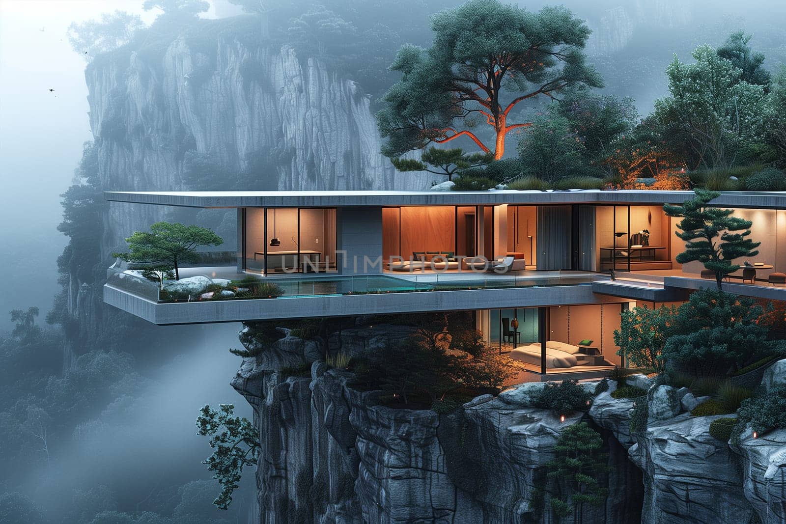 A house precariously positioned on the edge of a cliff, overlooking the vast expanse below.