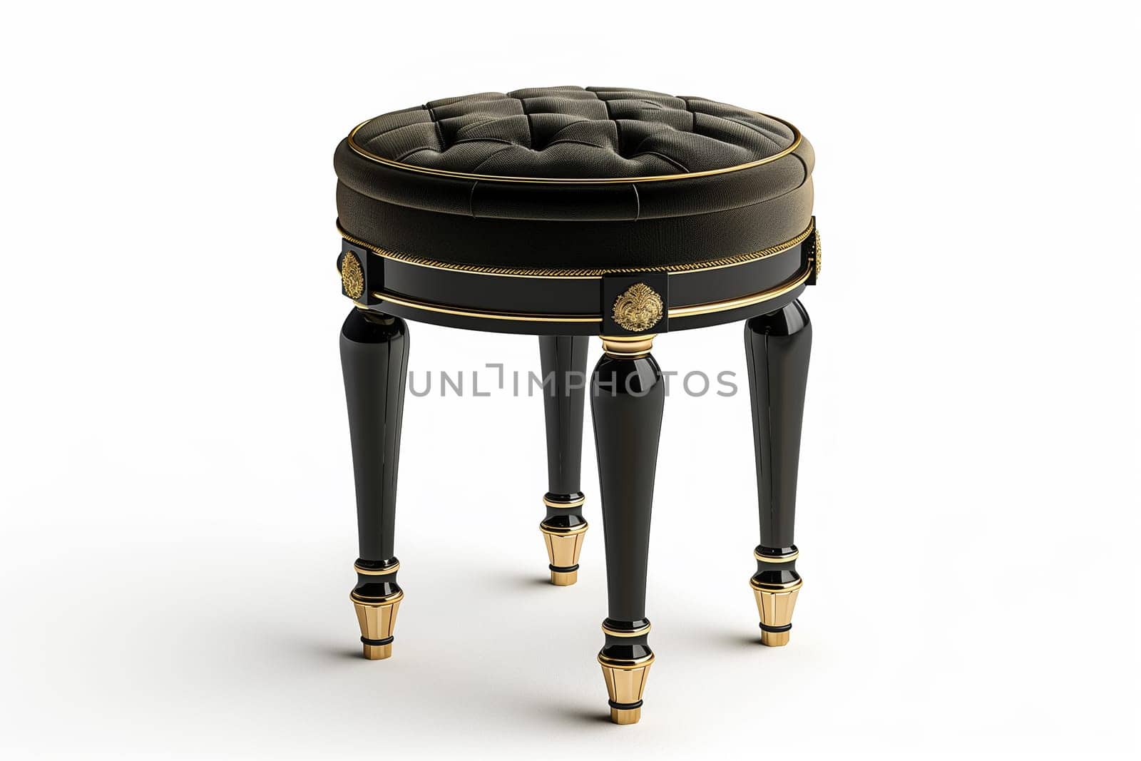 A stool in striking black and gold colors with intricate gold trimmings, adding a luxurious touch to any space.