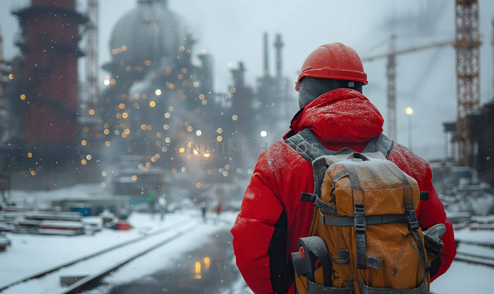 Worker at a construction site in winter, rear view. Selective soft focus.