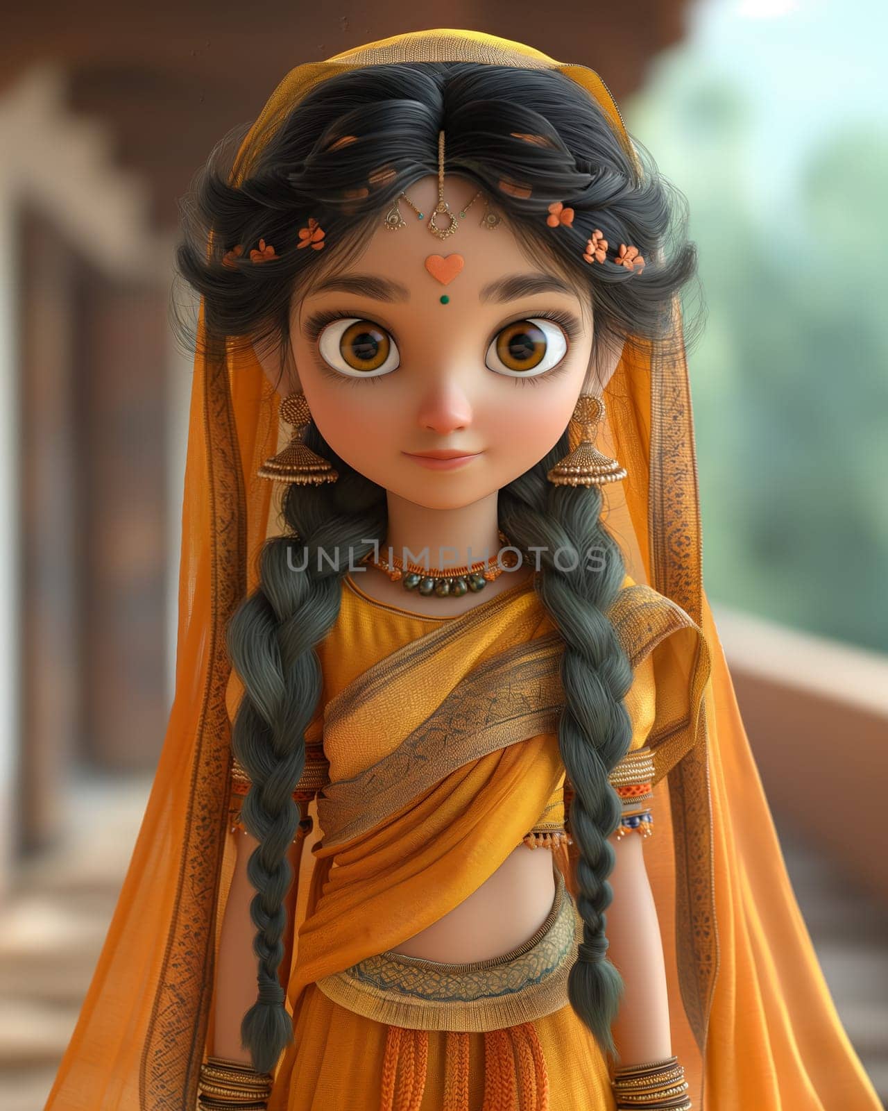 Cartoon, 3D girl in national traditional Indian attire. by Fischeron