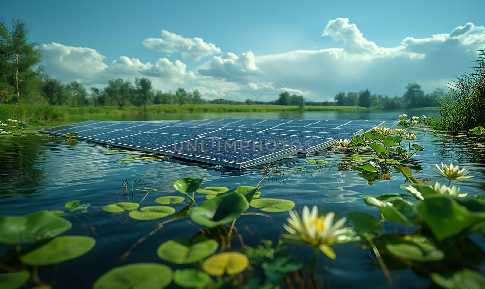 Floating solar panel system on a lake. by Fischeron