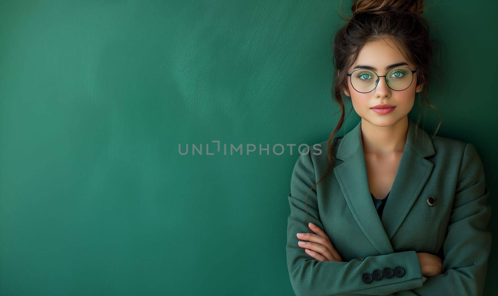 Woman in Glasses With Green Background. by Fischeron