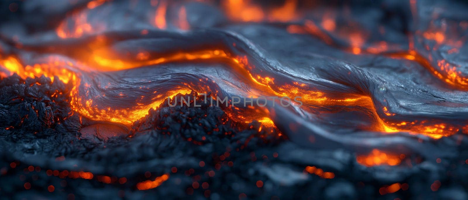 Abstract background of extinct lava with red gaps. Selective soft focus.