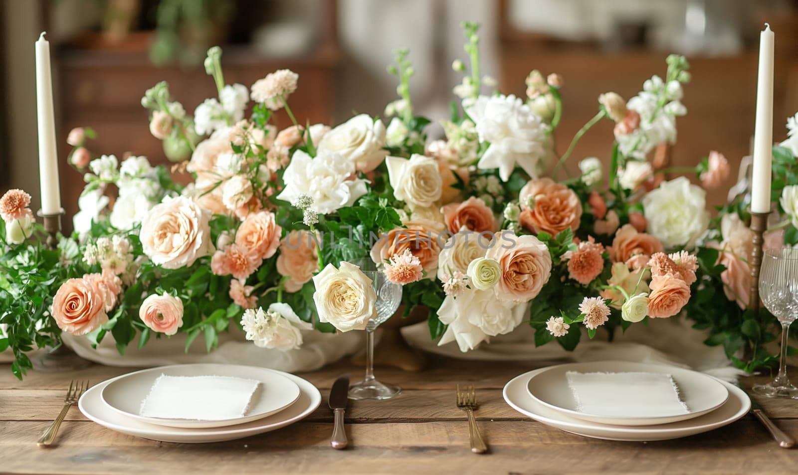 Floral arrangement of various flowers on the festive table. by Fischeron