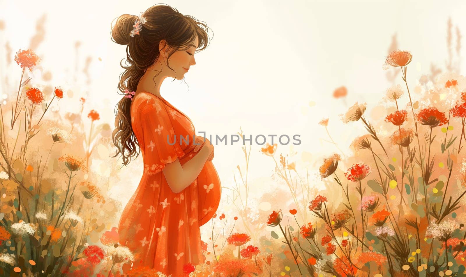 Illustration of a pregnant woman among flowers. Selective focus.