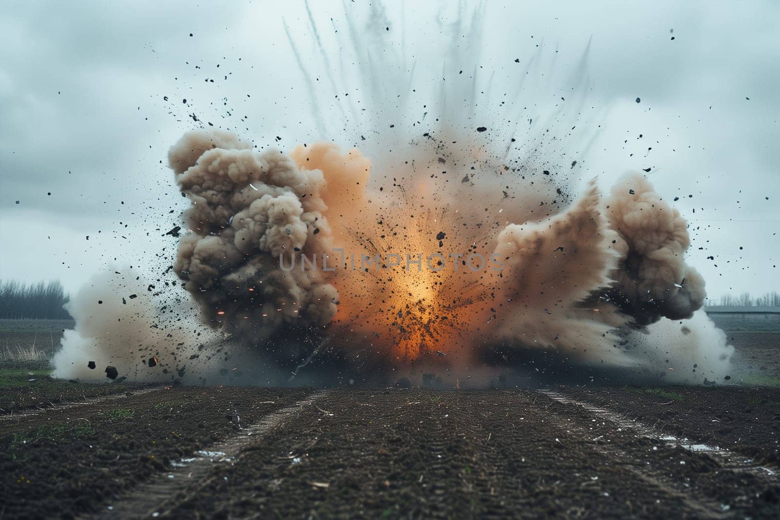 A large explosion of smoke and fire in an open field, likely caused by a war-related incident.
