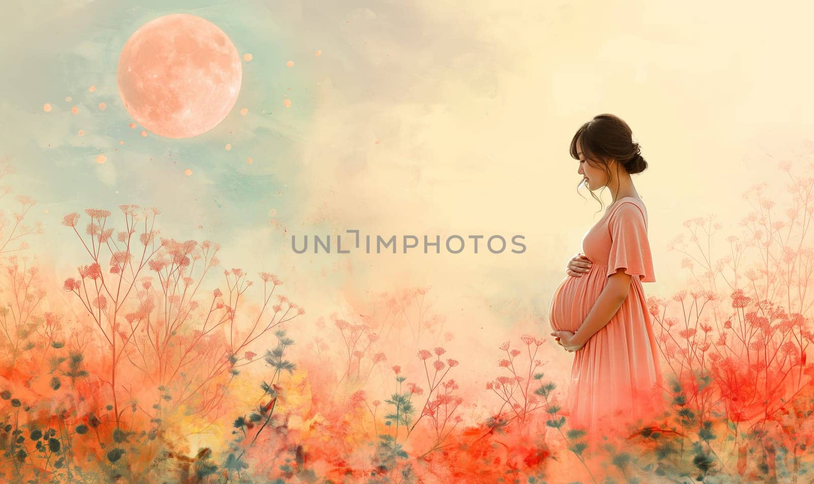 Illustration of a pregnant woman among flowers. Selective focus.