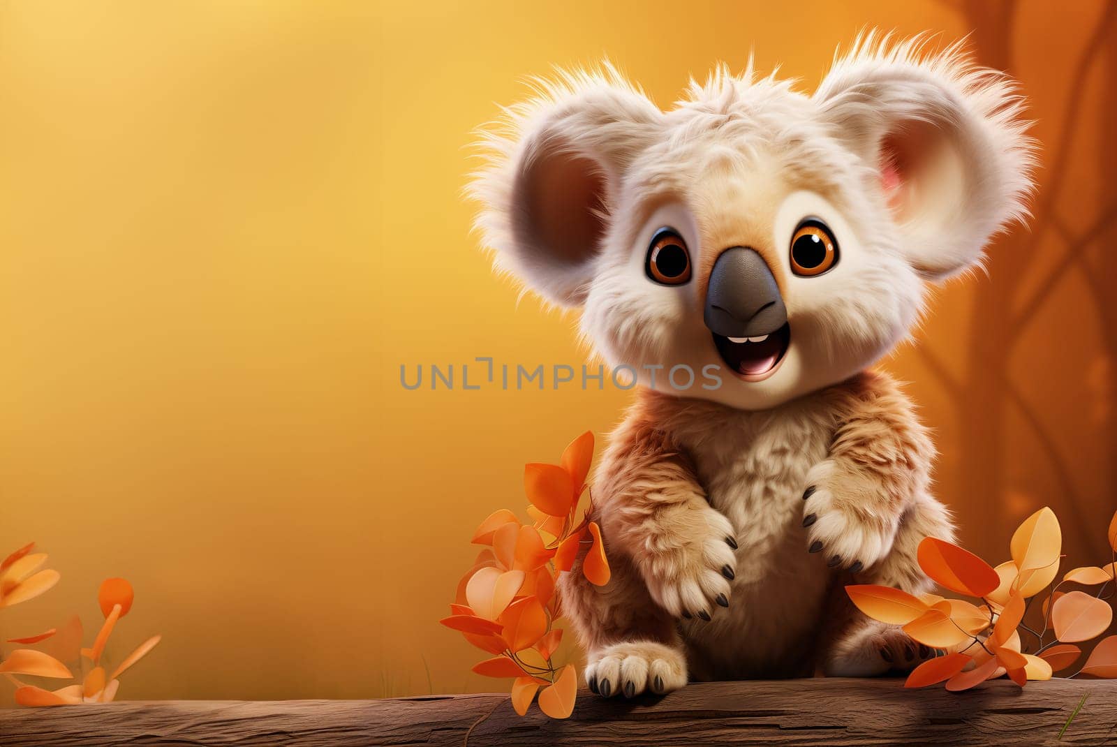 A friendly and animated koala character is perched on a wooden surface, surrounded by orange autumn leaves, with a warm, glowing ambiance - Generative AI