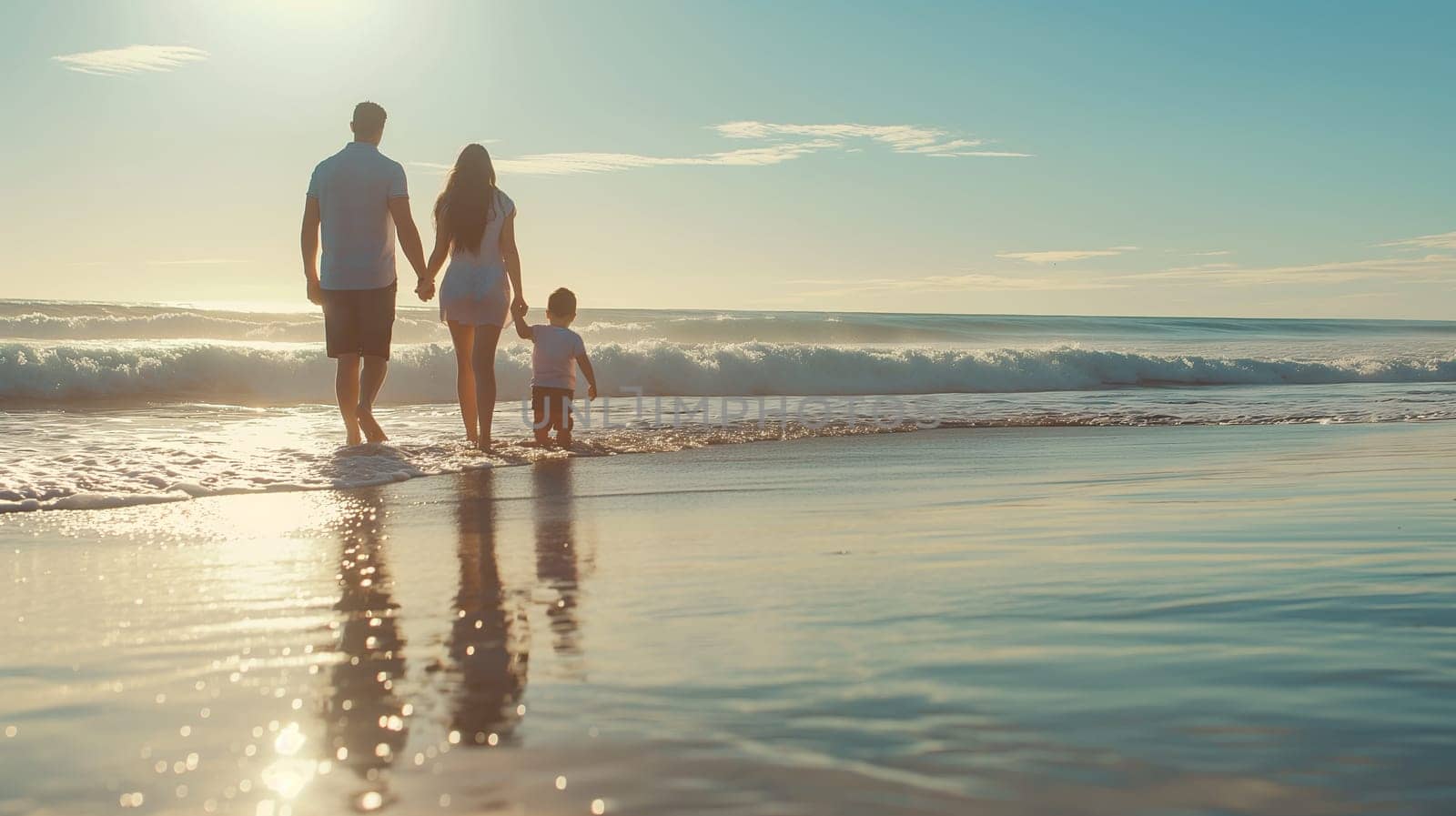 A family of three holds hands while walking on a beach, with the setting sun casting a warm glow and shimmering reflections on the water - Generative AI